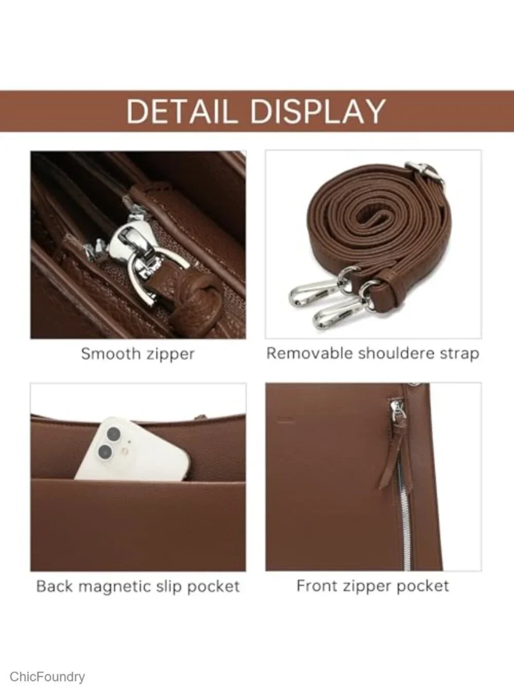 Faux Leather Satchel Crossbody Handbag with Zipper Pockets